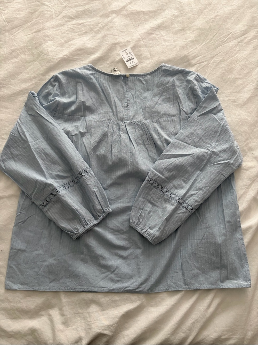 J. Crew Coastal Grandma Light Blue Cotton Lace Inset Peasant Long Sleeve Blouse - Picture 10 of 13